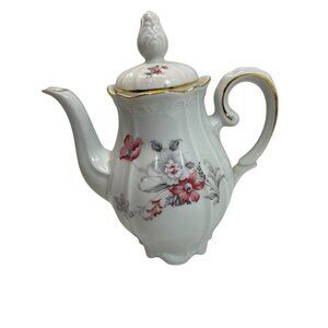 Antique Porcelain Teapot & Lid 8.4" Tall Pink/Black/Grey Floral Design Gold Trim